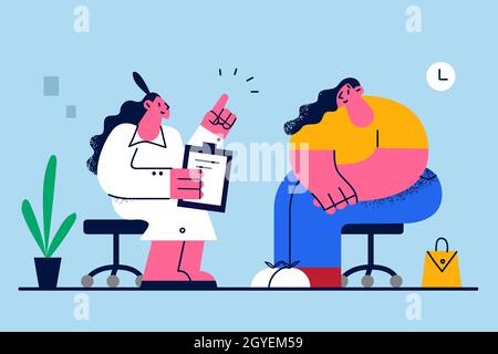 Obesity, nutrition and weight loss concept. Young female doctor cartoon character sitting and consulting overweight woman in clinic how to get loose v Stock Photo