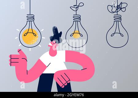 Simplify complex and clear idea concept. Smiling man cartoon character standing with various light bulbs hanging behind for right management vector il Stock Photo