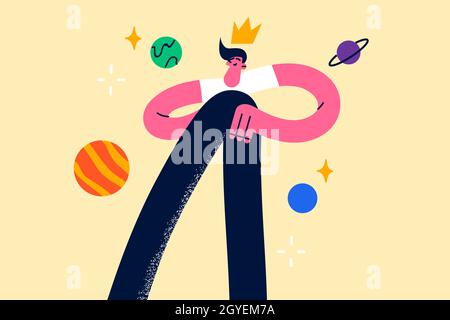Self love, ego, narcissistic man concept. Confident self loved smiling happy man cartoon character standing feeling center of universe with planets ar