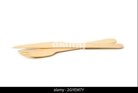 disposable wooden fork and takeaway knife. Zero waste Stock Photo