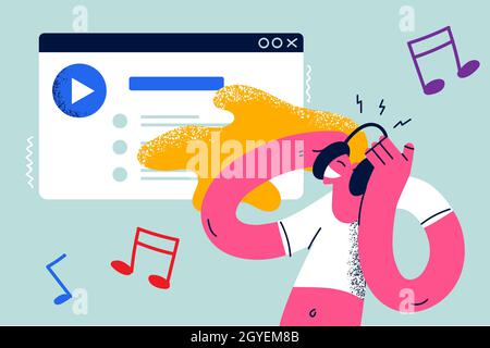 Entertainment, modern technologies, music concept. Smiling positive woman cartoon character standing listening to music in headphones in special app o Stock Photo