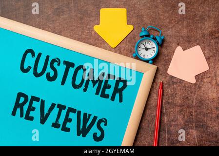 Hand writing sign Customer Reviews, Word Written on review of a product or service made by a customer Time Managment Plans For Progressing Bright Smar Stock Photo