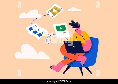 Cloud backup and database synchronization concept. Man cartoon character worker sitting with laptop working with network cloud service copying file ve Stock Photo