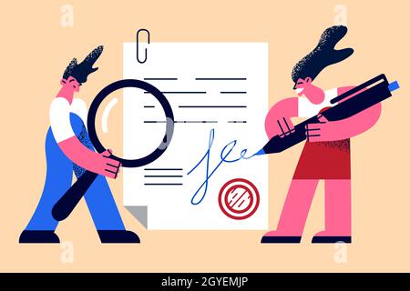 Documentation Signature service company concept. Woman notary cartoon character or lawyer signing paper official document with pen vector illustration Stock Photo