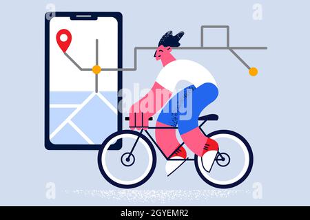 Navigation application with location pin concept. Young person on bicycle riding using smartphone with mobile geolocation application on screen Stock Photo