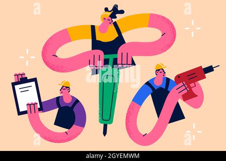 Construction, industry and engineering concept. Workers engineers cartoon characters working at construction site industrial technicians discussing ne Stock Photo
