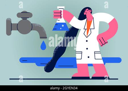 Chemicals in water science concept. Woman scientist cartoon character in white uniform standing holding beaker researcher to taste and measure water c Stock Photo