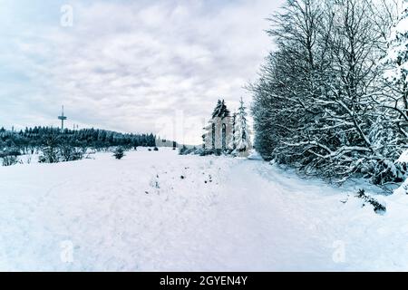 Beautiful landsape scene with a lot of snow in winter in Hesse Germany Stock Photo