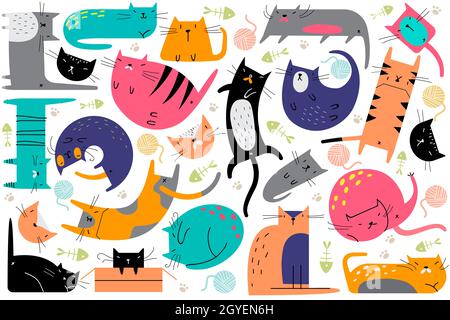 Set of cute cartoon kitties or cats with different colored fur and ...
