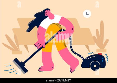 Housework and vacuum cleaning concept. Young smiling woman cartoon character making vacuum cleaner at home doing housework alone vector illustration Stock Photo