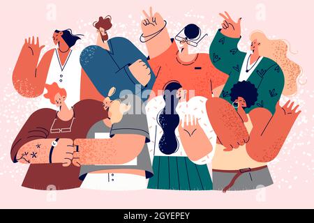 Business team, office workers, multicultural group concept. Group of young smiling business workers posing together expressing successful cooperation Stock Photo
