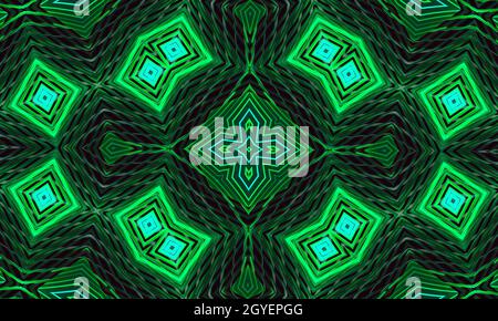 A dark background with a glowing green ornament in the shape of a stylized flower. Kaleidoscope pattern for design Stock Photo