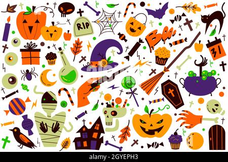 Halloween doodle set. Collection of bats spooky pumpkins owls scary creatures alchemic vodoo equipment isolated on white. Vector illustration of all s Stock Photo