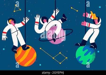 Astronauts and spacemen during work concept. Group of three young cosmonauts in suits levitating in space near planets and galaxies around vector illu Stock Photo