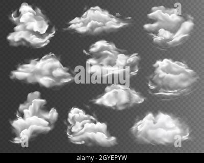 Realistic clouds set. Big collection of realism style drawn different form shape fluffy cumulus vapor mist isolated on transparent background. Overcas Stock Photo