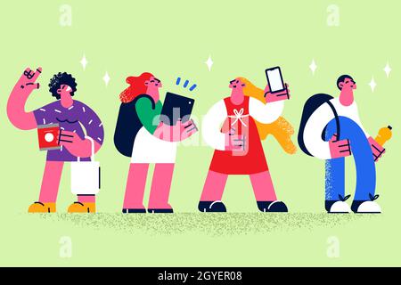 Using gadgets and technology concept. Group of young positive people standing holding various electronic device in hands showing to camera vector illu Stock Photo