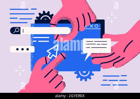 Landing page, programming, research concept. Hands of workers working on website or application, ui ux design and programming as team of designers vec Stock Photo