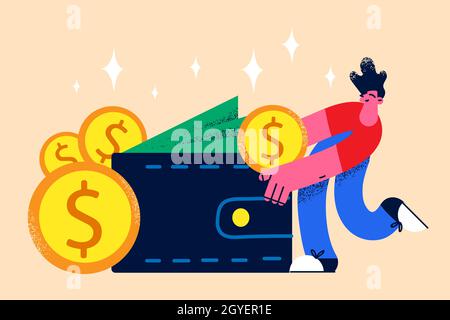 Wealth and money in pocket concept. Positive man standing and taking money golden coins from purse feeling rich and confident vector illustration Stock Photo