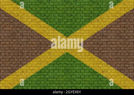 3D Flag of Jamaica on a old brick wall background. Stock Photo