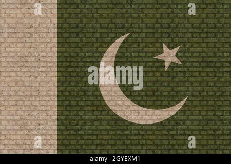 3D Flag of Pakistan on a old brick wall background. Stock Photo