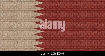 3D Flag of Qatar on a old brick wall background. Stock Photo