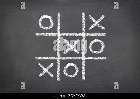 A game of tic tac toe played on a chalk board shows the need to be a critical thinker in the world of gaming. Stock Photo