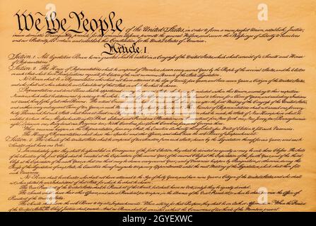 The US constitution is among the most prolific documents ever to be written. This image shoes the intent, we the people, that means that government is Stock Photo