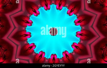 Cyan Mandala Concentric Flower on bloody red background. Kaleidoscope Center. Kaleidoscopic Design Pattern Stock Photo