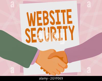 Conceptual caption Website Security, Word Written on critical component to protect and secure websites Two Men Drawing With Empty Paper Shake Hands Pr Stock Photo