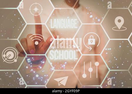 Conceptual display Language School, Business approach educational institution where foreign languages are taught Lady In Uniform Holding Tablet In Han Stock Photo