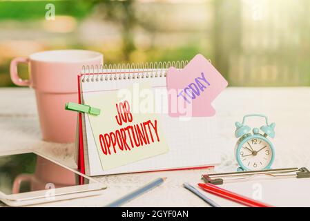 Hand writing sign Job Opportunity, Business overview an opportunity of employment or the chance to get a job Outdoor Coffee And Refresment Shop Ideas, Stock Photo