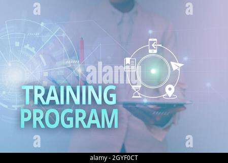 Conceptual caption Training Program, Word for learn specific knowledge or skills to improve performance Woman In Uniform Standing Holding Tablet Showi Stock Photo