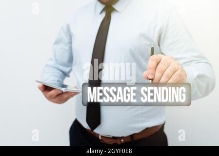 Writing displaying text Message Sending, Business concept to convey or communicate one s is feelings or desires Presenting New Technology Ideas Discus Stock Photo