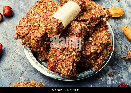 Diet biscuits made from seeds, dried fruits and coconut.Tasty cookie Stock Photo