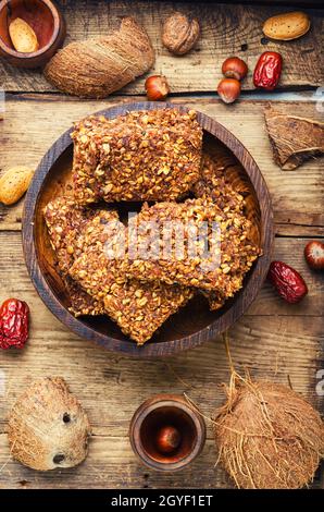 Diet biscuits made from seeds, dried fruits and coconut.Tasty cookie Stock Photo