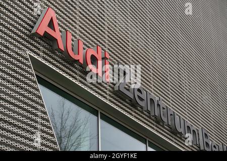 BERLIN, GERMANY - May 02, 2021: The Audi logo from the Audi center building in Berlin. Stock Photo