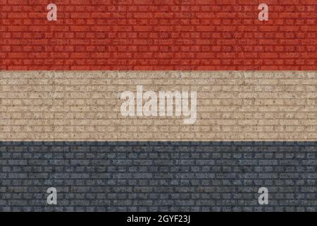 3D Flag of Netherland on old brick wall background. Stock Photo