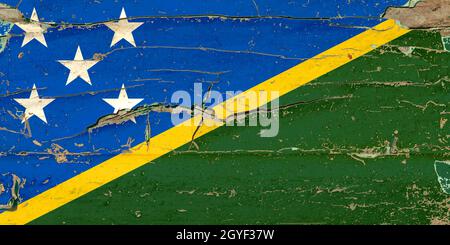 3D Flag of Solomon Islands on a old wood wall background. Stock Photo