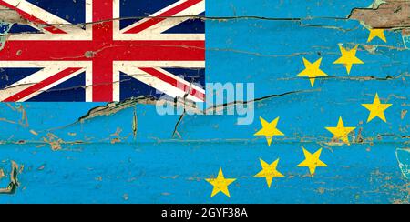 3D Flag of Tuvalu on a old wood wall background. Stock Photo