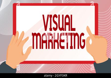 Conceptual caption Visual Marketing, Business showcase telling the story of your brand or product by creation Hands Illustration Holding Drawing On Ta Stock Photo