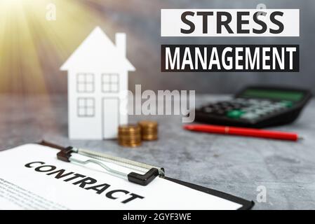 Hand writing sign Stress Management, Business showcase learning ways of behaving and thinking that reduce stress Buying New House Ideas, Property Insu Stock Photo