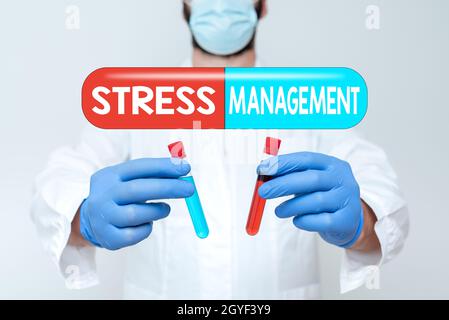 Writing displaying text Stress Management, Word Written on learning ways of behaving and thinking that reduce stress Research Scientist Comparing Diff Stock Photo