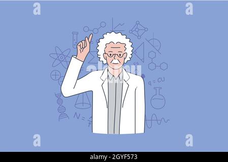 Scientist and physicist practitioner concept. Old grey haired man scientist standing showing finger up over symbols over background vector illustratio Stock Photo