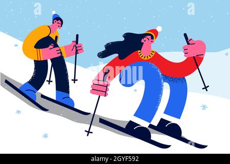 Winter activities and sport concept. Young happy couple riding downhill practicing mountain skiing together on snow having fun vector illustration Stock Photo