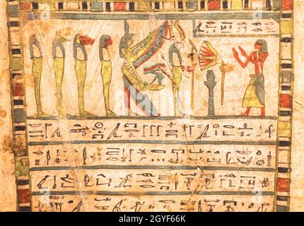 TURIN, ITALY - CIRCA MAY 2021: Egyptian archaeology. Ancient hieroglyphyc,  ca. 580 BC, with Isis and the four sons of Horus Stock Photo