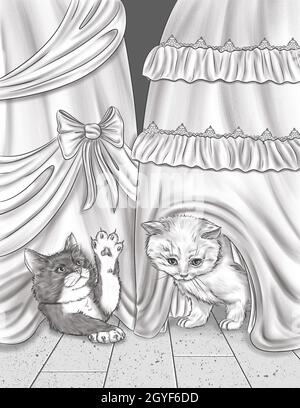 Two Small Cats Playing And Hiding Below Party Dress Colorless Line Drawing. Stock Photo