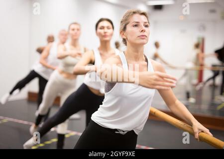 Ballet dancers practicing at barre in dance class Stock Photo