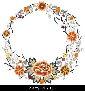Vector floral round frame. Template for greeting card, invitation or postcard with colorful ornamental elements. Wreath with folk style flowers and le Stock Vector