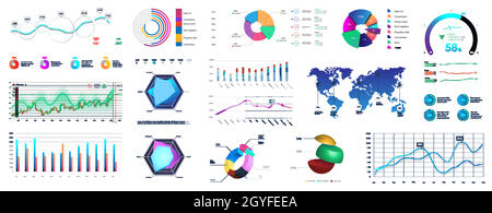 Graphic set charts, infographics and diagrams. Colorful infocharts and infographic with detailed statistics and original design. Visualization data Stock Vector
