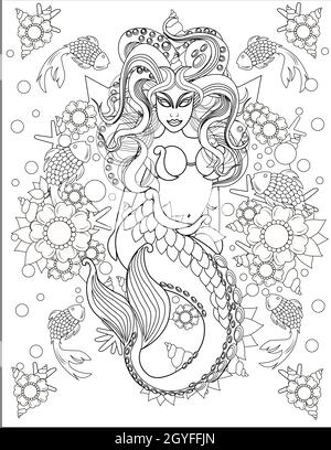 Illustration Of Mermaid Swimming Along With Little Fishes Under Water. Stock Photo